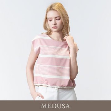 現貨【MEDUSA 曼度莎】粉紅條紋5號綁繩闊肩T恤（M-XL）｜條紋T恤 女休閒上衣 闊肩上衣