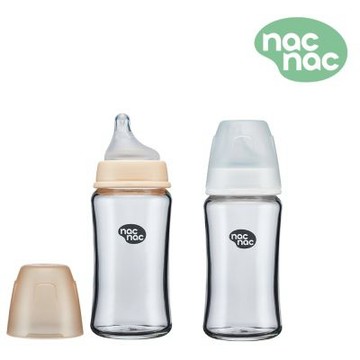 【nac nac】妍心35%晶透防脹氣玻璃寬口奶瓶240ml(雲白色/淡奶茶/新生兒適用)