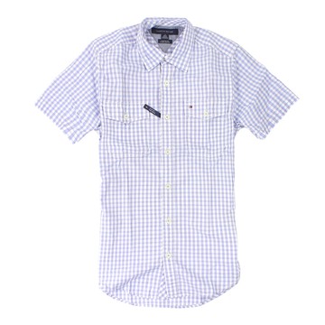 美國百分百【全新真品】Tommy Hilfiger 襯衫 TH 短袖 上衣 休閒 藍 格紋 雙口袋 麻紗 春夏 男 XXS XS