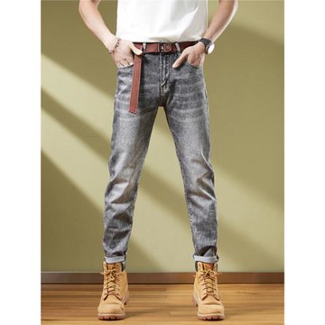 復古煙灰色牛仔褲男款春夏款高端垂感修身直筒高級感痞帥錐型褲