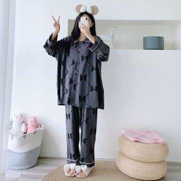 開衫卡通純棉襯衫睡衣女簡約加大碼長袖長褲胖mm200斤寬松家居服
