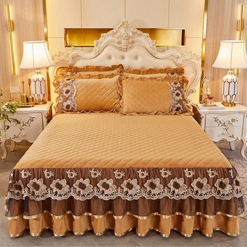 加厚水晶絨牛奶絨床裙單件蕾絲夾棉床套保暖珊瑚絨床罩年新款