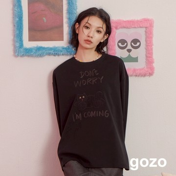 【gozo】躲貓貓貼布繡長袖T恤(黑色/白色_F) | 女裝 圓領 百搭