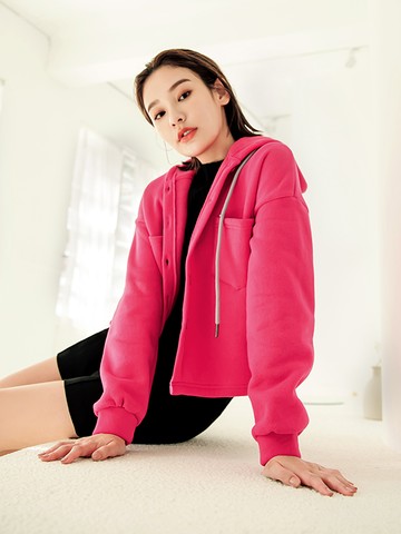 質感純色排釦短版連帽上衣外套