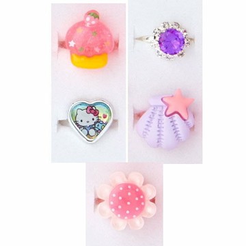 asdfkitty*三麗鷗兒童戒指組-戒圍可活動-一組5個-KITTY愛心.紫色彩鑽.蘑菇.貝殼.花朵-正版
