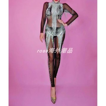 白流蘇閃鉆頭飾緊身連體長褲拉丁舞摩登舞比賽服女歌手舞蹈演出服