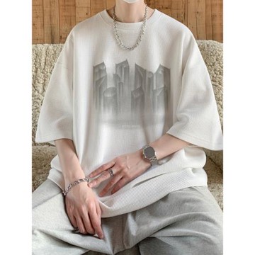 華夫格短袖t恤男夏季新款寬松五分袖上衣oversize美式高街體恤衫