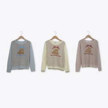 【CUMAR】可愛小熊與英文刺繡圓領長袖針織上衣 粉 杏 灰(魅力商品)