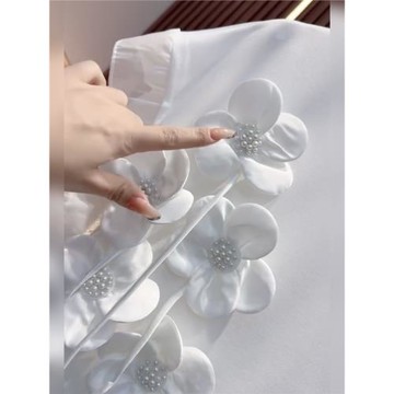 大碼女裝2025夏季新款韓系T恤甜美圓領飛飛袖時尚立體花朵大衫潮