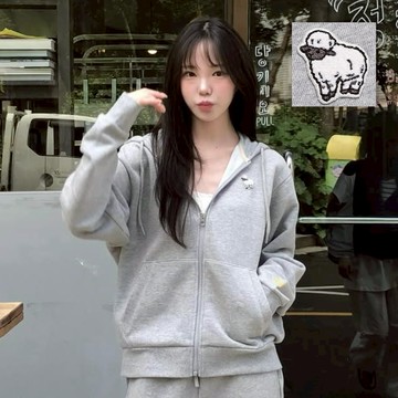 女裝 綿羊圖章 連帽外套 - 淺灰色
