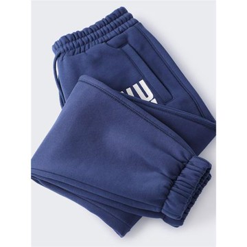 深藍重磅冬季潮牌男女休閑褲加絨加厚寬松運動褲百搭束腳抓絨衛褲