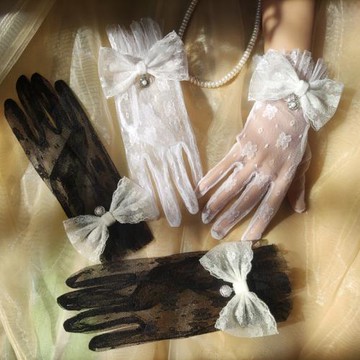 米白色蕾絲手套Lolita花嫁蝴蝶結珍珠花邊手袖哥特暗黑洛麗塔配飾