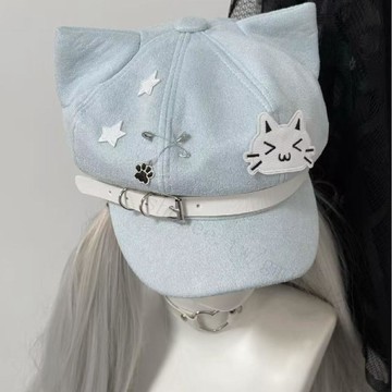 【秋冬新款】Y2K水色貓耳貝雷帽 亞文化帽子 宅系女大臉貓耳帽 貓耳毛帽 貓帽子 貓耳配飾 貓耳貝雷帽 秋冬毛帽 貝雷帽