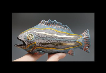 大型陶瓷魚壁飾 手工質樸圖騰雕塑 海洋居家裝飾