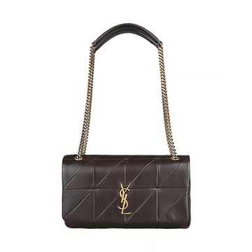 YSL SAINT LAURENT JAMIE立體金字 LOGO 絎縫設計小羊皮扣式金鏈帶側背/斜背包(中型/深棕)
