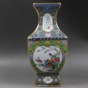 清乾隆年制描金琺瑯彩花鳥四方瓶仿古家居瓷器擺件古董古玩精品1入