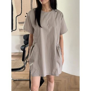 韓國chic夏季新款中長裙子女裝法式復古小眾圓領寬松大口袋連衣裙