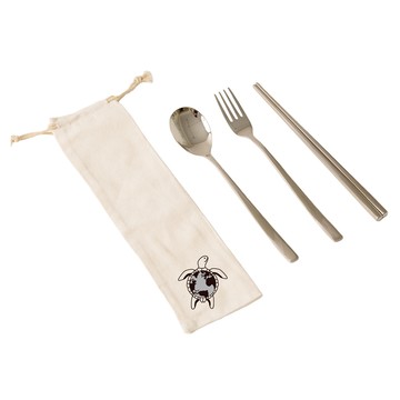 YCCT 316不鏽鋼筷叉匙收納袋4件組 海龜  筷子 + 叉子 + 湯匙 + 收納袋  1套  米色