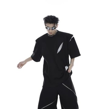 CulturE夏季小眾解構分割墊肩短袖拼接設計感T恤高級潮流半袖男女