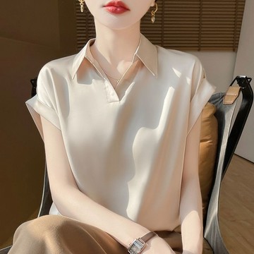 [店鋪熱銷]100%桑蠶絲襯衫氣質polo短袖真絲襯衣新款寬鬆開衫上衣 蟬絲雪紡衫 夏季短袖襯衫 雪紡襯衫 涼感襯衫女