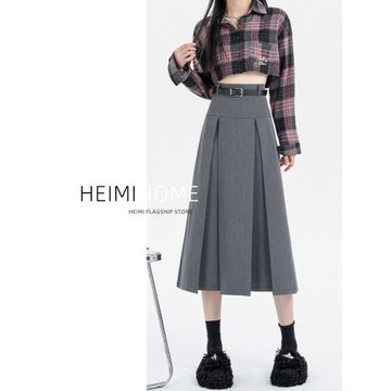 灰色西裝百褶裙女春夏秋高腰中長款半身長裙小個子垂墜感a字傘裙