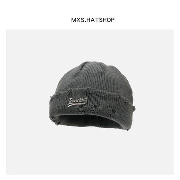 自制潮牌破洞金屬字母毛線帽子中性小眾復古百搭暗黑風針織冷帽冬