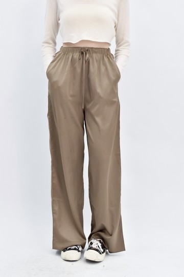 (S) almi 棕色緞面鬆緊腰高腰長褲