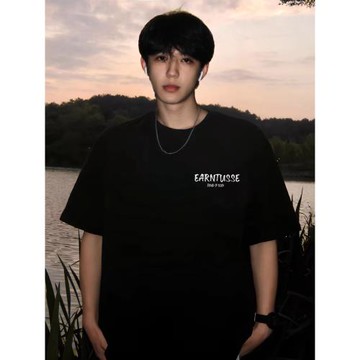 重磅黑色短袖t恤男夏季美式簡約風字母純棉半袖寬松大碼潮牌體恤