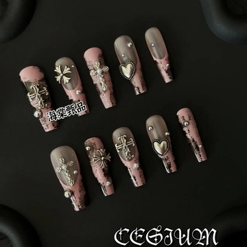 🧡Hannah💛新款賀先生純手工定製穿戴甲黑粉不規則法式十字架小衆ins風歐美辣妹純欲暗色係貼甲