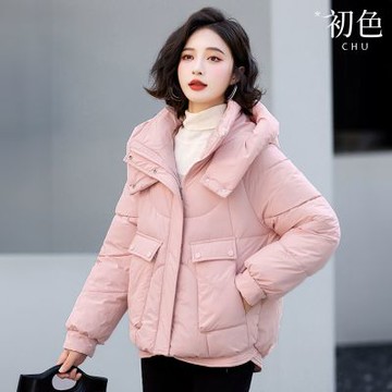 初色 工裝風簡約休閒加厚保暖防風拉鍊連帽立領長袖羽絨衣外套女外套-共5色-17140(M-3XL可選)