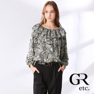 【GLORY21】網路獨賣款-etc.荷葉領口圖騰印花造型上衣-米白色