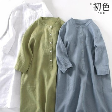【初色】亞麻風純色休閒襯衫連衣裙-共3色-60671(M-2XL可選)