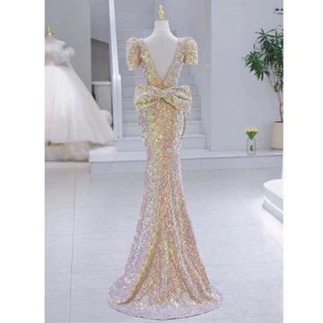 金色晚禮服裙高端2024新款魚尾輕奢小眾高級感主持人年會氣質性感