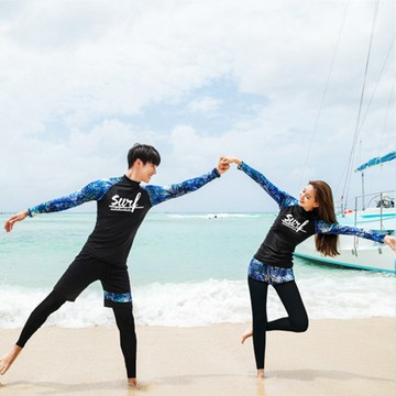 Biki比基尼.妮，M-2L棕島藍長袖情侶泳衣浮潛四件式泳裝-女生(長袖+三角+短褲+黑長褲)