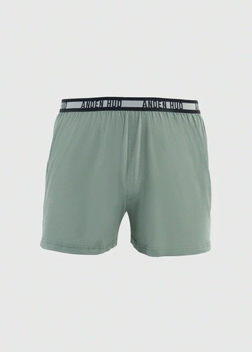 男款_Back to Track．不開襟純棉寬鬆四角內褲(灰霧綠-黑白緊帶)