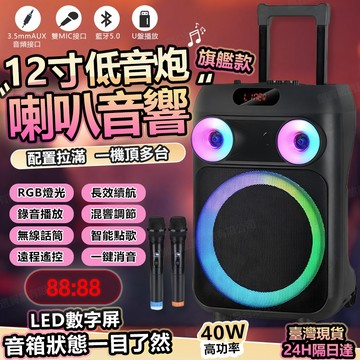 現貨快出🔥保固兩年 12吋藍牙音箱 藍芽音箱  K歌音箱 廣場舞音響 戶外藍牙拉桿音響 無線話筒 重低音音響 1209B