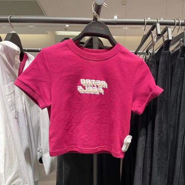 玫紅色短款T恤女夏季2024新款美式復古修身露臍ins甜辣風短袖上衣