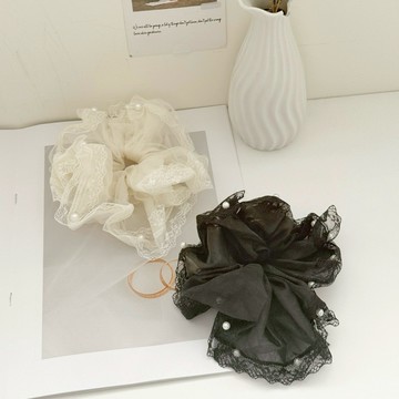 【SKART現貨2色新品】立體小珍珠蕾絲網紗大腸髮圈🔥芭蕾風 髮飾 髮圈 時尚配件 女生配件 造型髮圈 配件 丸子包頭髮