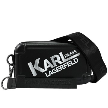 KARL LAGERFELD 卡爾 品牌印花硬殼雙拉鍊斜背/收納包.黑