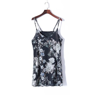 春季新款女裝時尚歐美風復古印花寬松顯瘦性感吊帶連衣裙