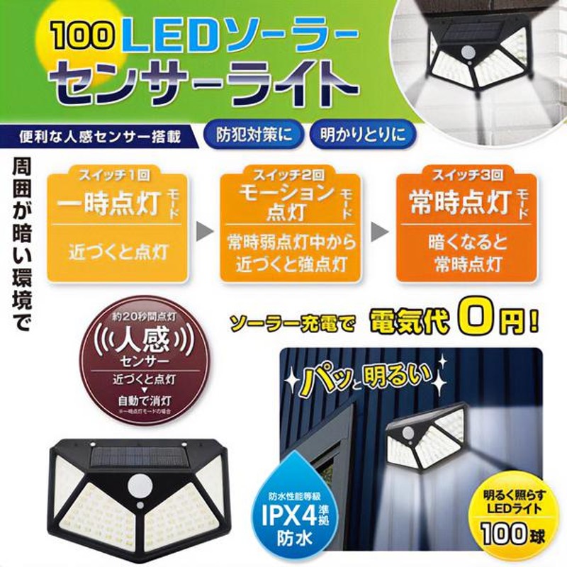 驚きの照射力 LED 100灯 センサーライト 1400lm 搭載 人感 - 通販