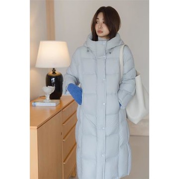 王妃家白鴨絨藍色羽絨服女2025冬季新款寬松保暖輕薄連帽長款外套