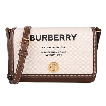 BURBERRY 巴寶莉  HORSEFERRY 字母標誌帆布斜背包(米x駝邊)小款