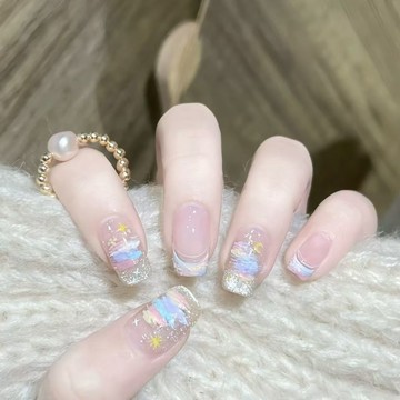 高級油畫春日顯白莫奈美甲春夏手繪純手工貓眼新款花園法式穿戴甲