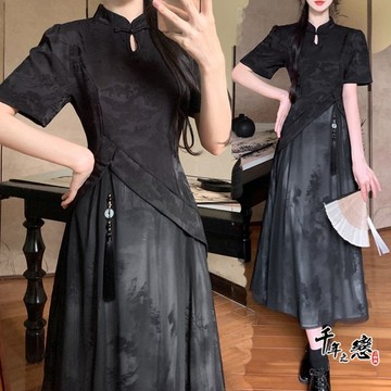 現貨✨千年之戀✨ 黑色旗袍 新中式女裝 旗袍洋裝 連身裙 假兩件洋裝 改良式旗袍 中國風服裝 遮肚顯瘦 日常 TA027