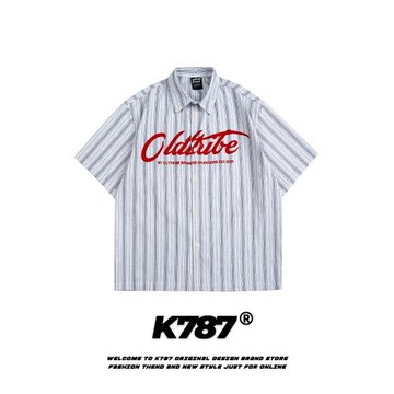 K787美式復古條紋刺繡短袖襯衫男女vintage國潮寬松百搭開衫半袖
