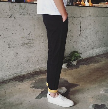 【JP.美日韓】 韓國簡約 黑色休閒褲 工作褲 下擺翻摺 黃色 質感推薦 挺 工作褲 不軟弱