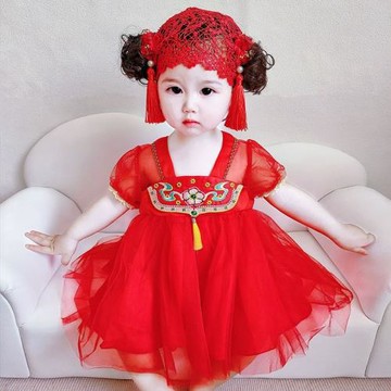 女童夏季連衣裙女寶寶周歲生日禮服刺繡公主裙嬰兒紅色洋氣紗裙