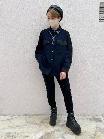拼接牛仔長版襯衫 / 藍色 / 黑色 / F 尺寸 / Hellcatpunks / hcp-sh-0041