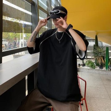 黑色墊肩短袖t恤男夏季韓系設計感小眾上衣服高級感潮流男士半袖